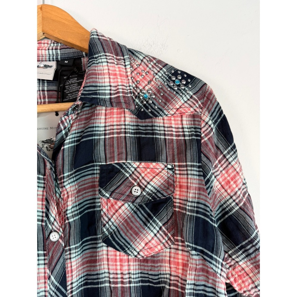 Harley Davidson Womens Plaid Embroidered Studs Shirt Medium Biker Moto - Picture 4 of 11